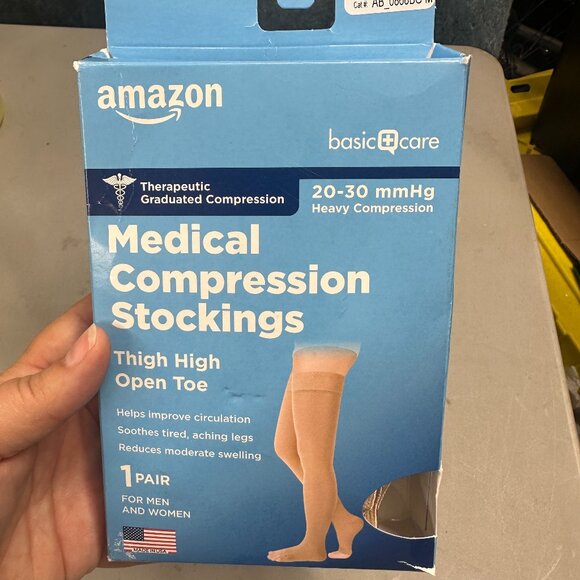 Amazon Medical Compression Stockings 20 - 30 mmHg Beige Thigh High Open Toe Size - Picture 1 of 3